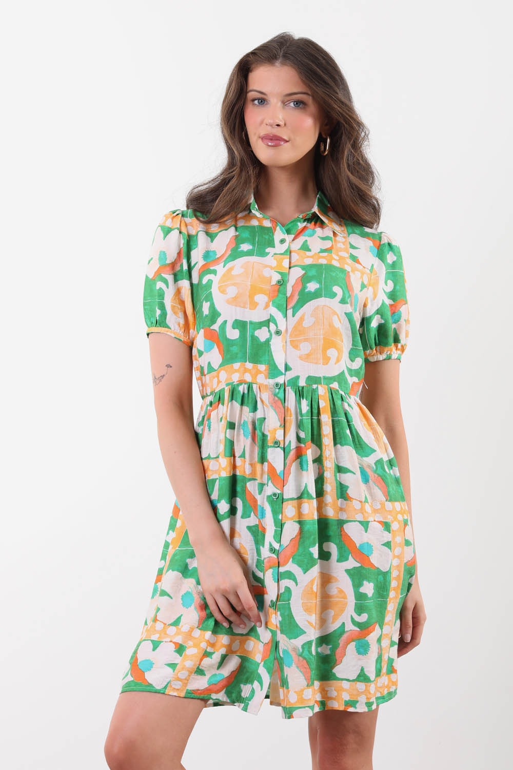 Clarice Printed Shirt Dress in Green