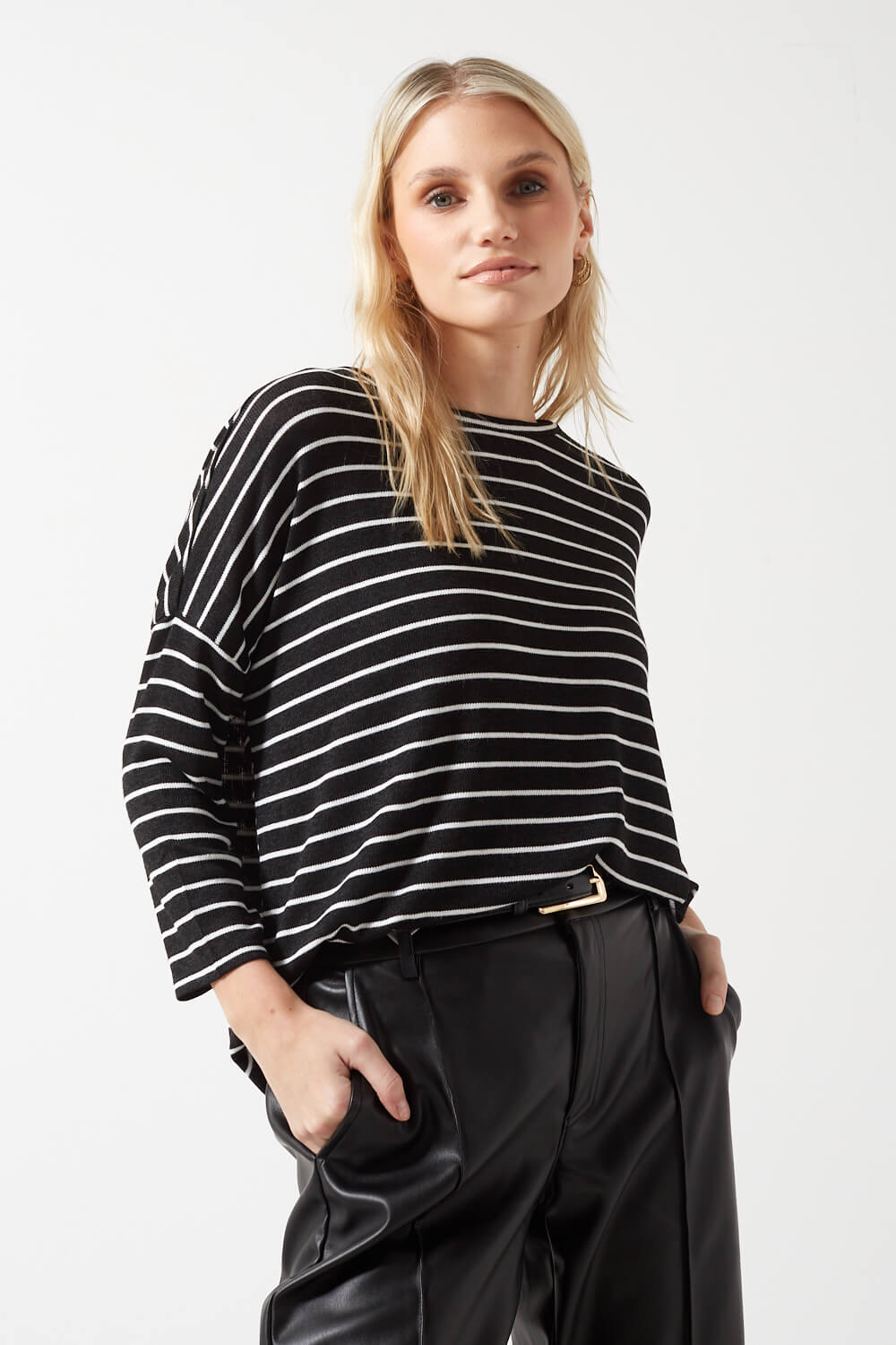 Brianna 3/4 Sleeves Striped Pullover in Black