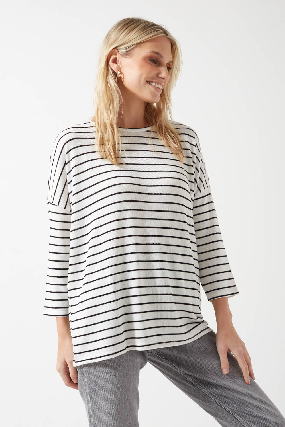 Brianna 3/4 Sleeves Striped Pullover in White