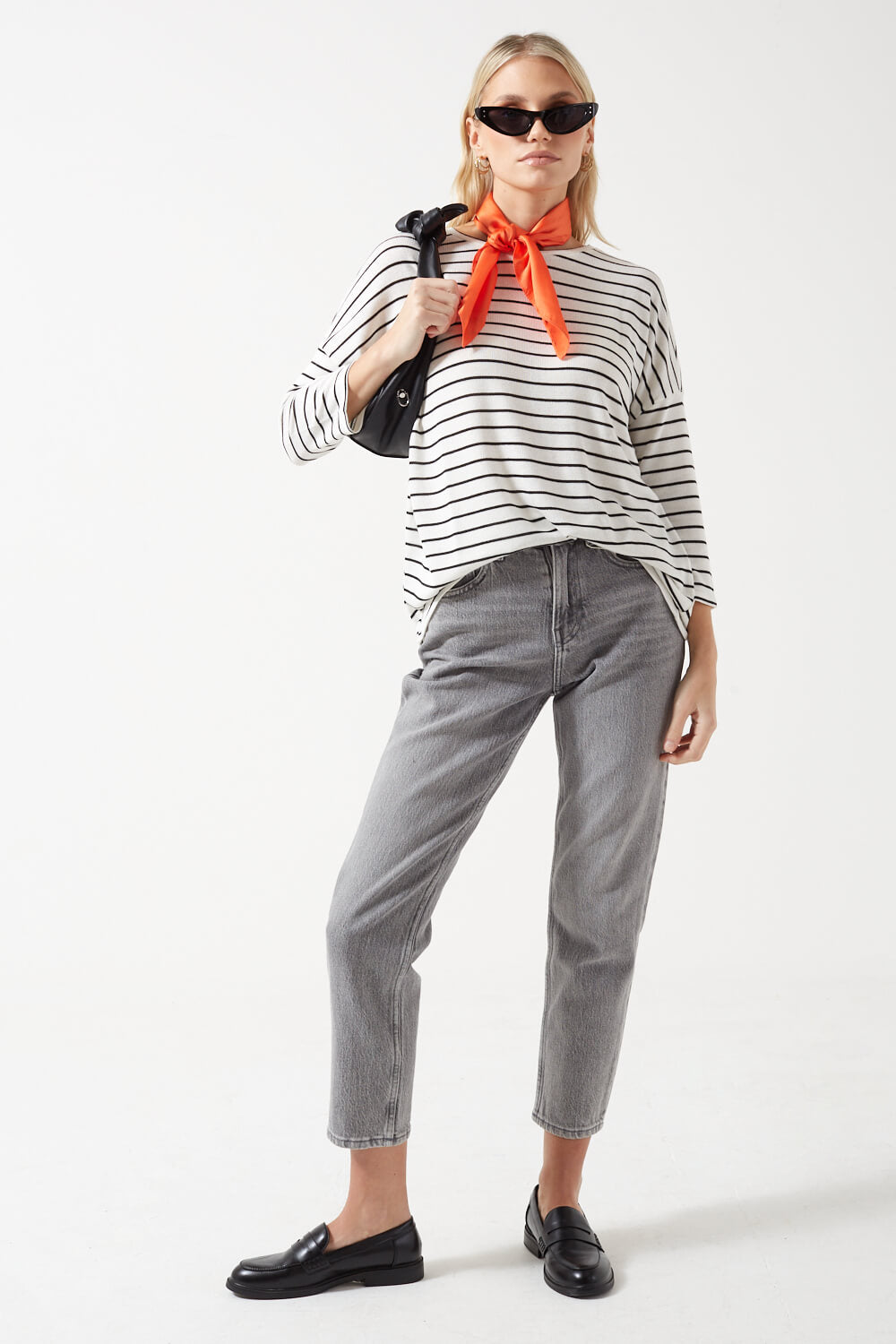 Brianna 3/4 Sleeves Striped Pullover in White