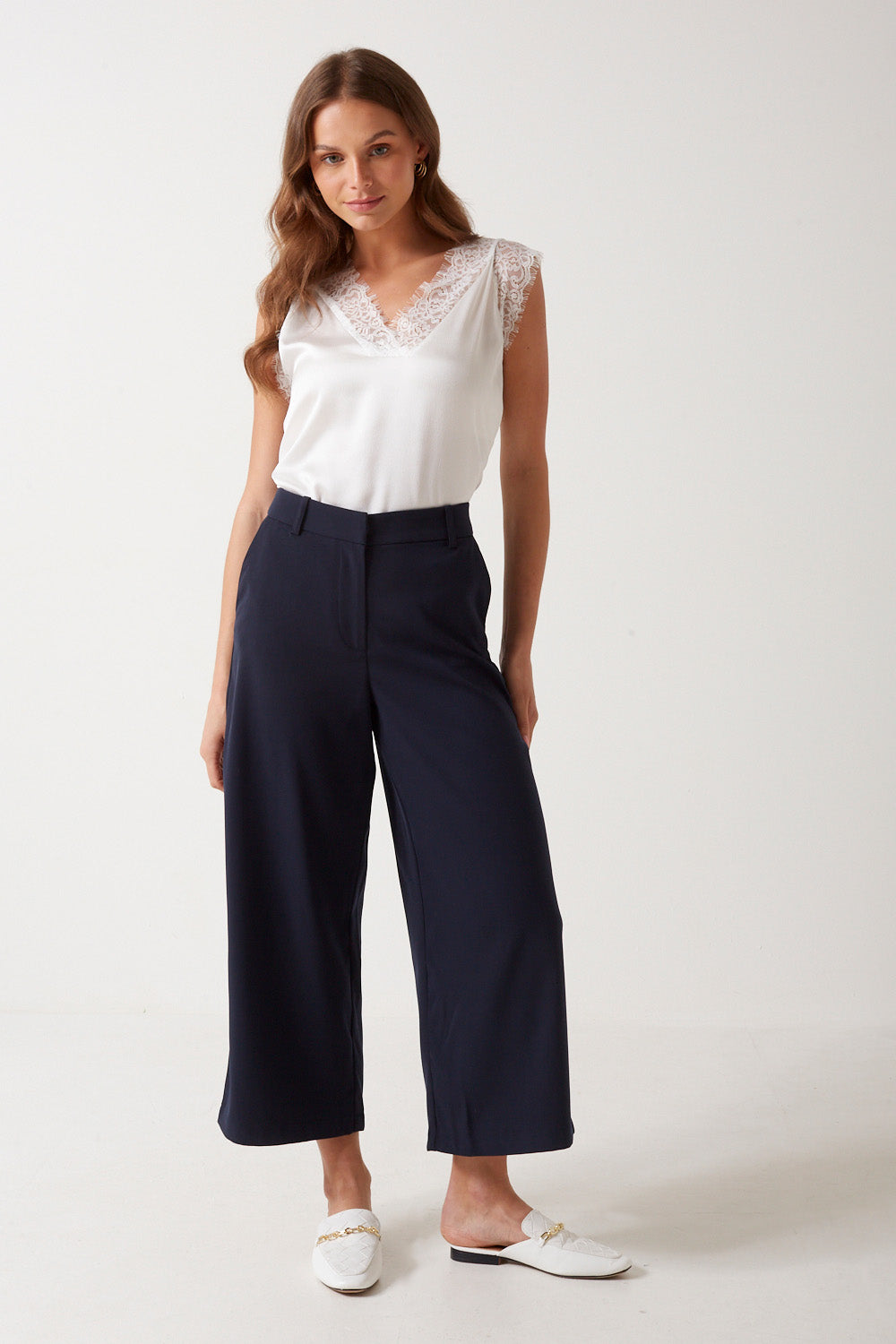 Meelior High Waisted Wide Leg Trousers in Navy