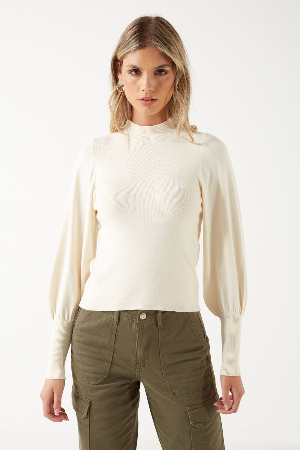 Holly Puff Sleeves High Neck Pullover in Beige