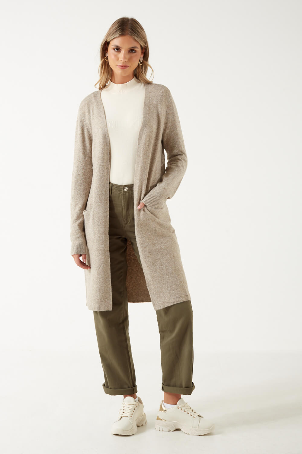 Holly Puff Sleeves High Neck Pullover in Beige
