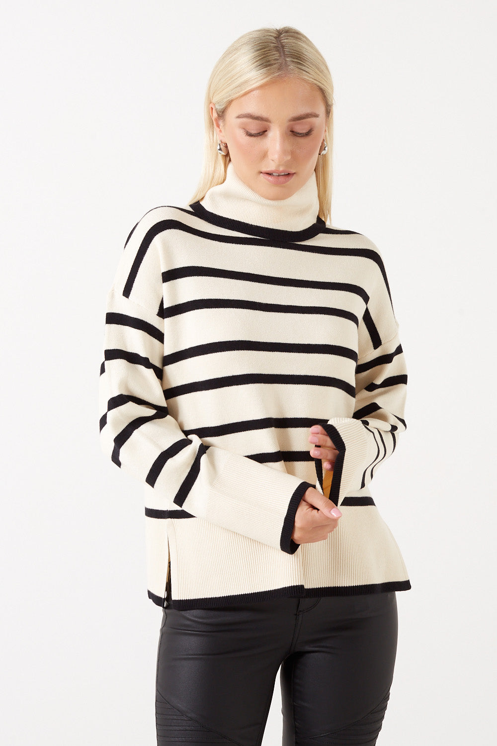 Saba Rollneck Knit Striped Jumper in Beige and Black