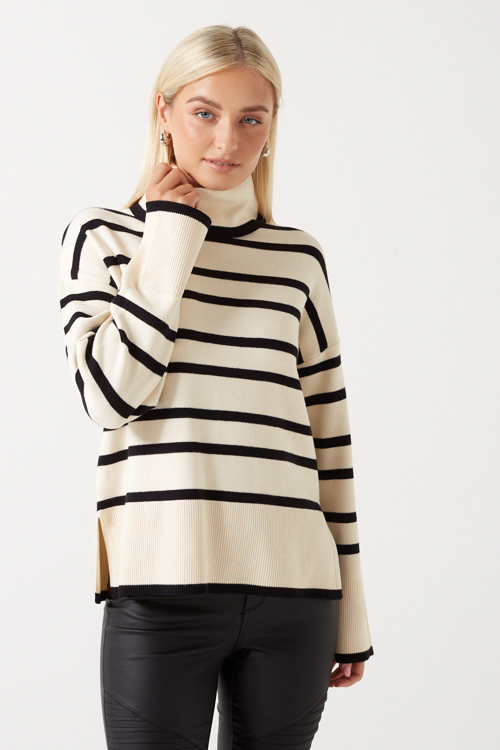 Saba Rollneck Knit Striped Jumper in Beige and Black