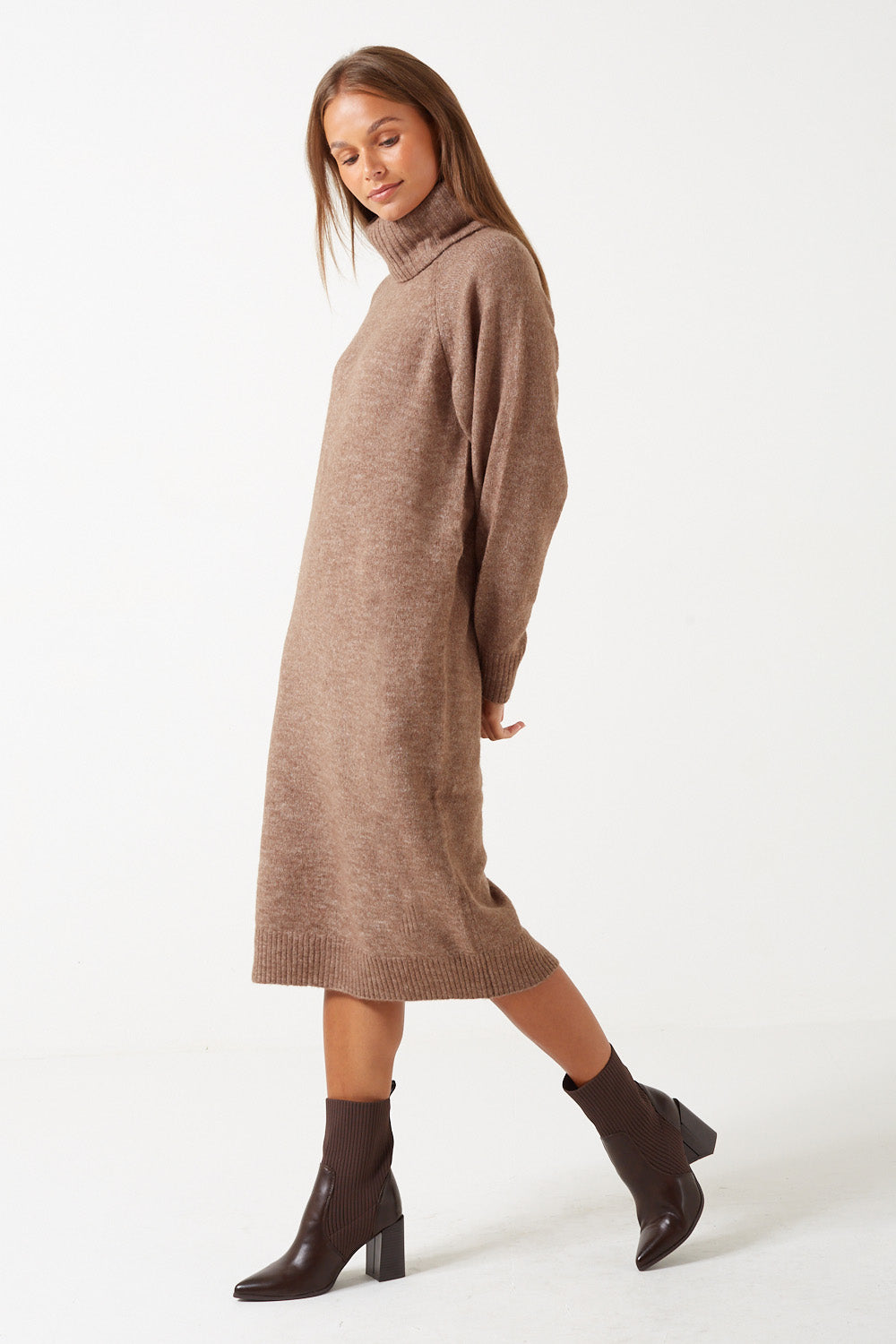 Daniela Ls Cowl Neck Knit Midi Dress in Brown