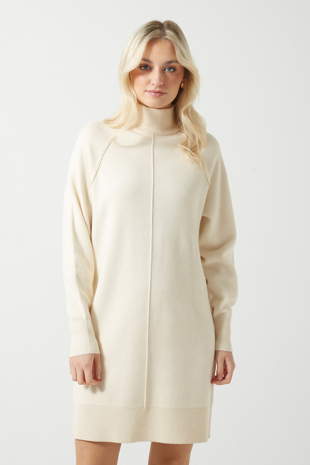 Gold Long Sleeve Highneck Knit Dress in Cream