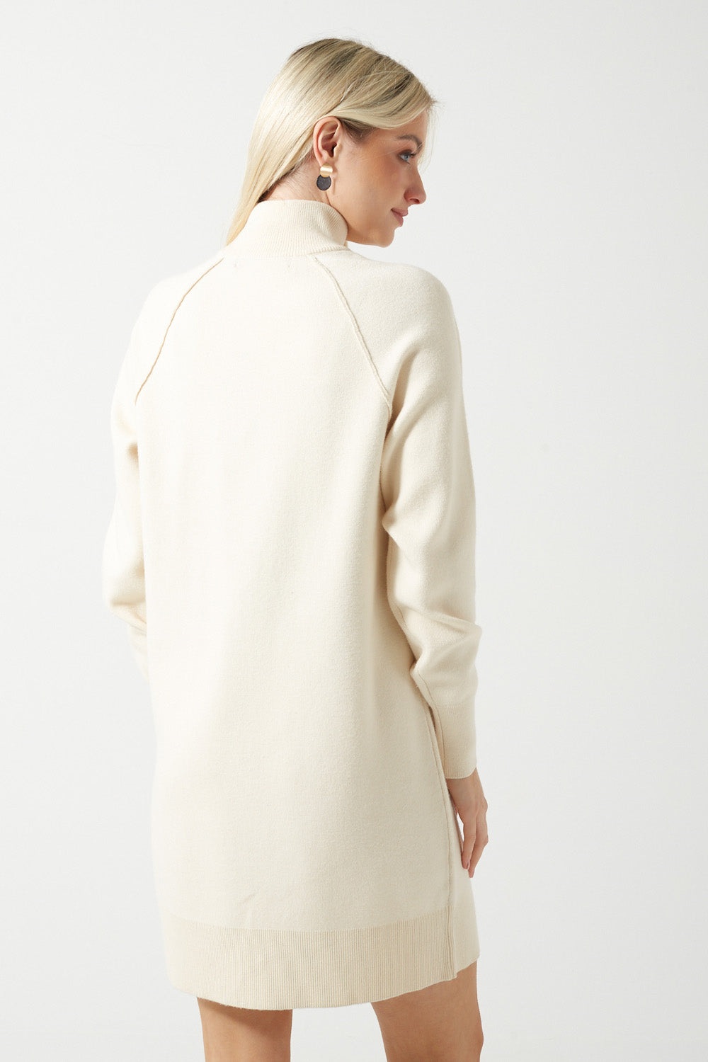 Gold Long Sleeve Highneck Knit Dress in Cream