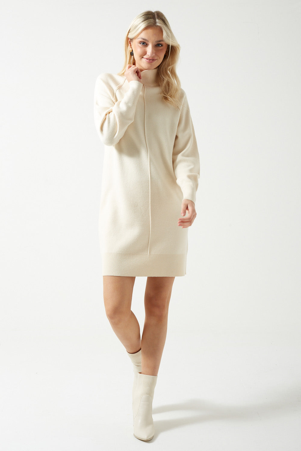 Gold Long Sleeve Highneck Knit Dress in Cream