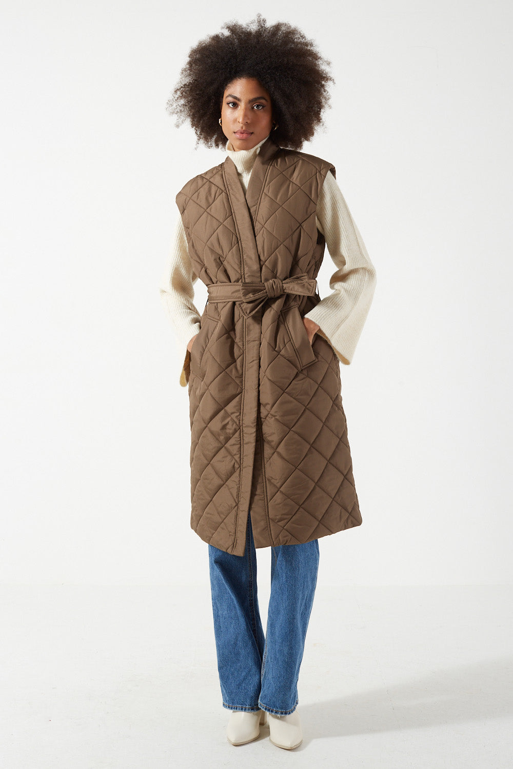 Ligagold Long Quilted Waistcoat in Khaki