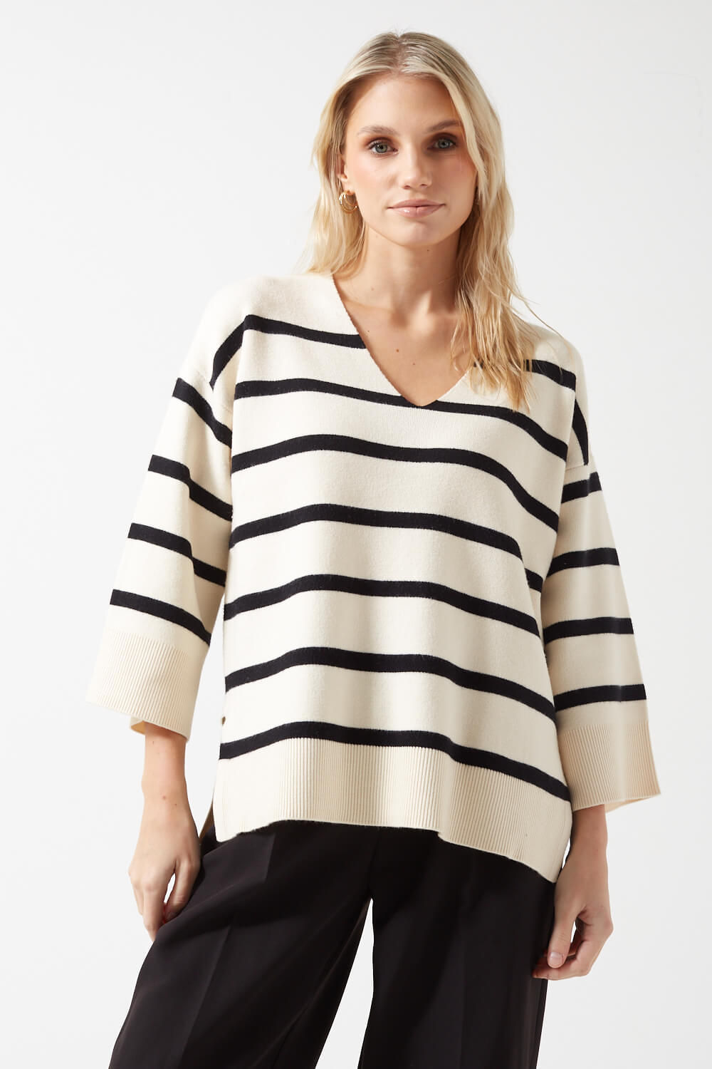 Saba 3/4 Sleeves V-Neck Striped Jumper in Cream and Black