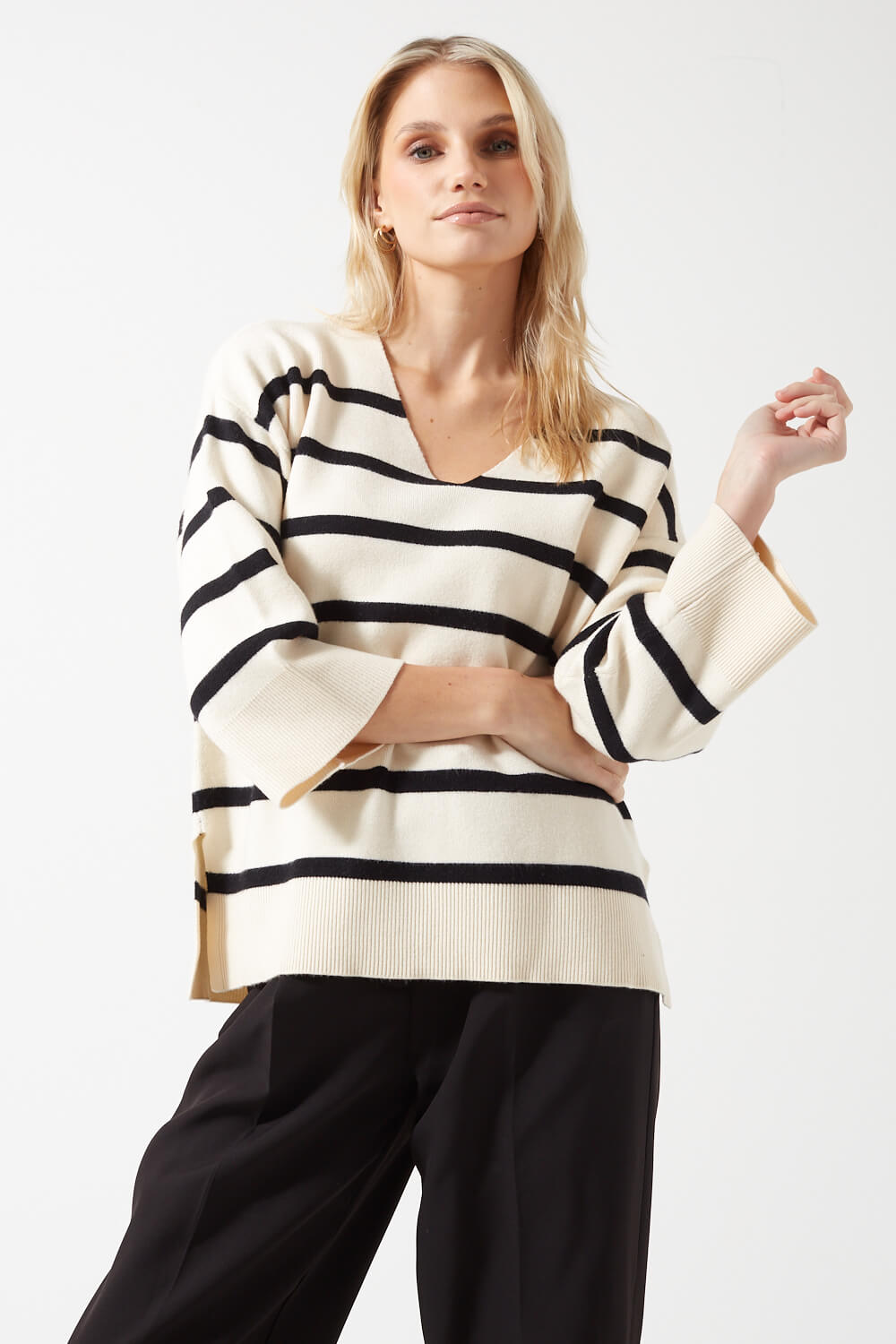 Saba 3/4 Sleeves V-Neck Striped Jumper in Cream and Black