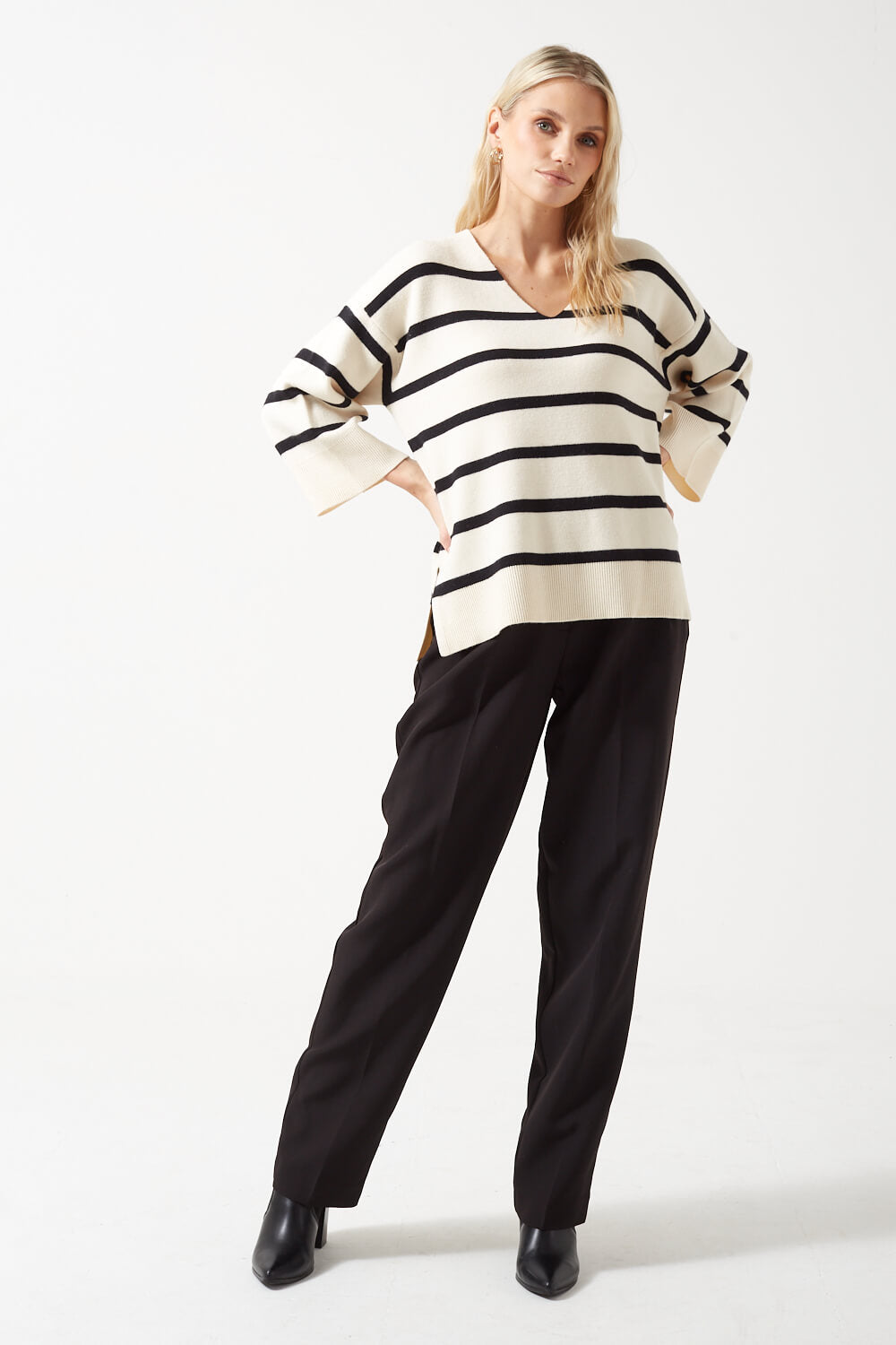 Saba 3/4 Sleeves V-Neck Striped Jumper in Cream and Black