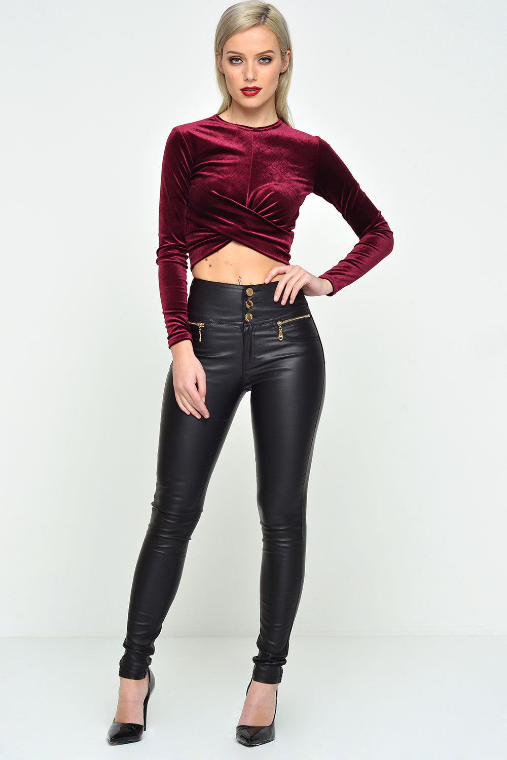 Paris High Waisted Wax Look Trousers in Black