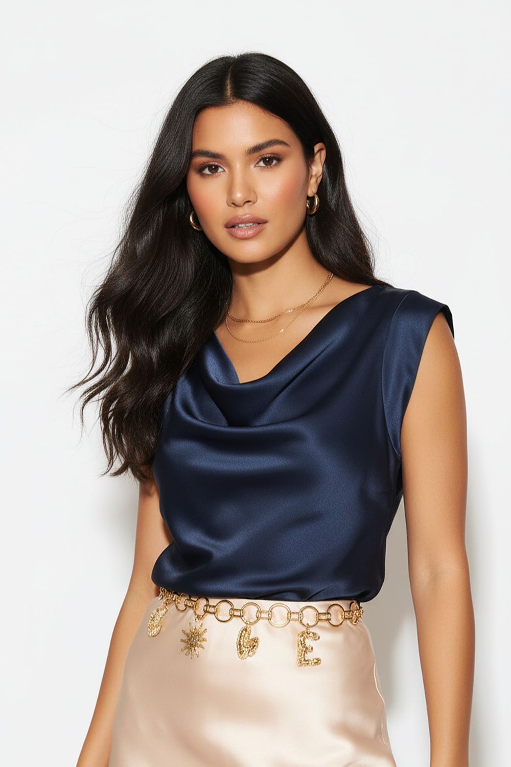 Lia Satin Cowl Neck Top in Navy