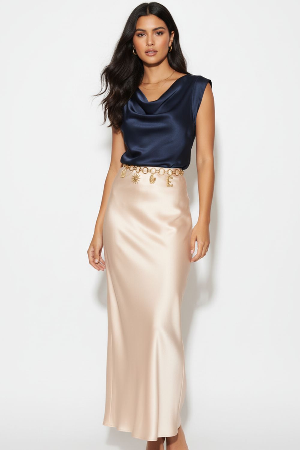 Lia Satin Cowl Neck Top in Navy