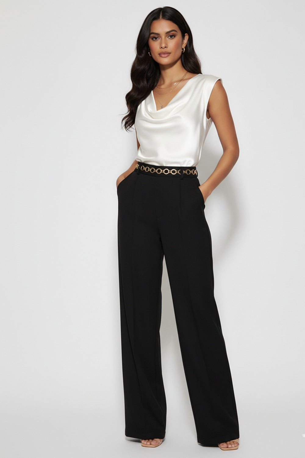 Lia Satin Cowl Neck Top in White