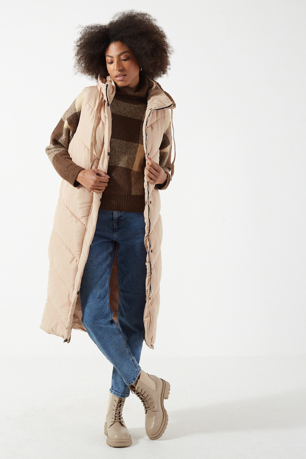 Ginnie Long Hooded Gilet in Stone