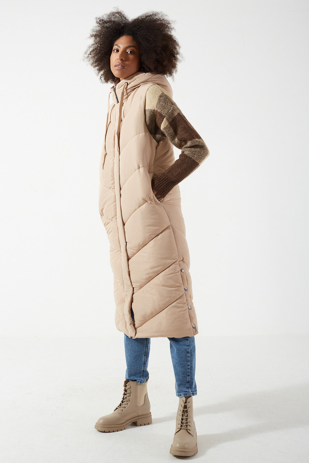 Ginnie Long Hooded Gilet in Stone