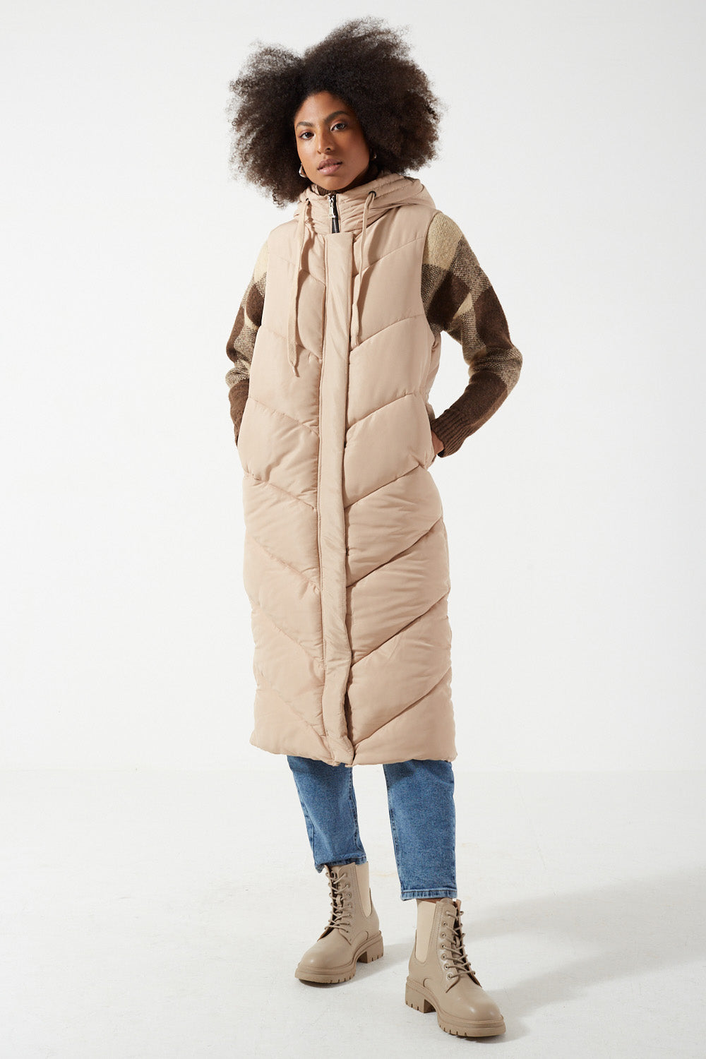 Ginnie Long Hooded Gilet in Stone