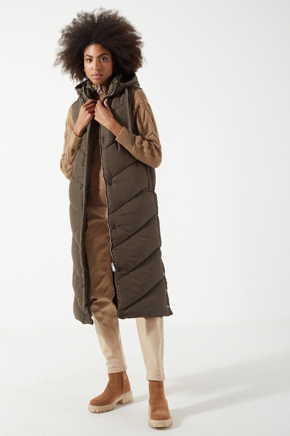 Ginnie Long Hooded Gilet in Khaki