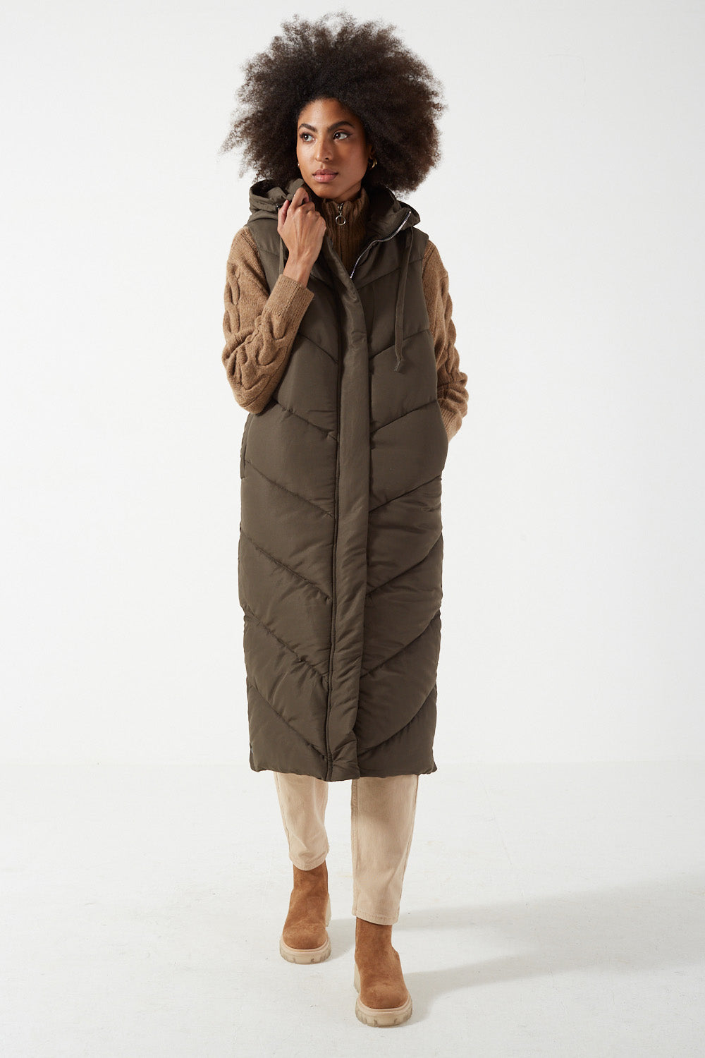 Ginnie Long Hooded Gilet in Khaki