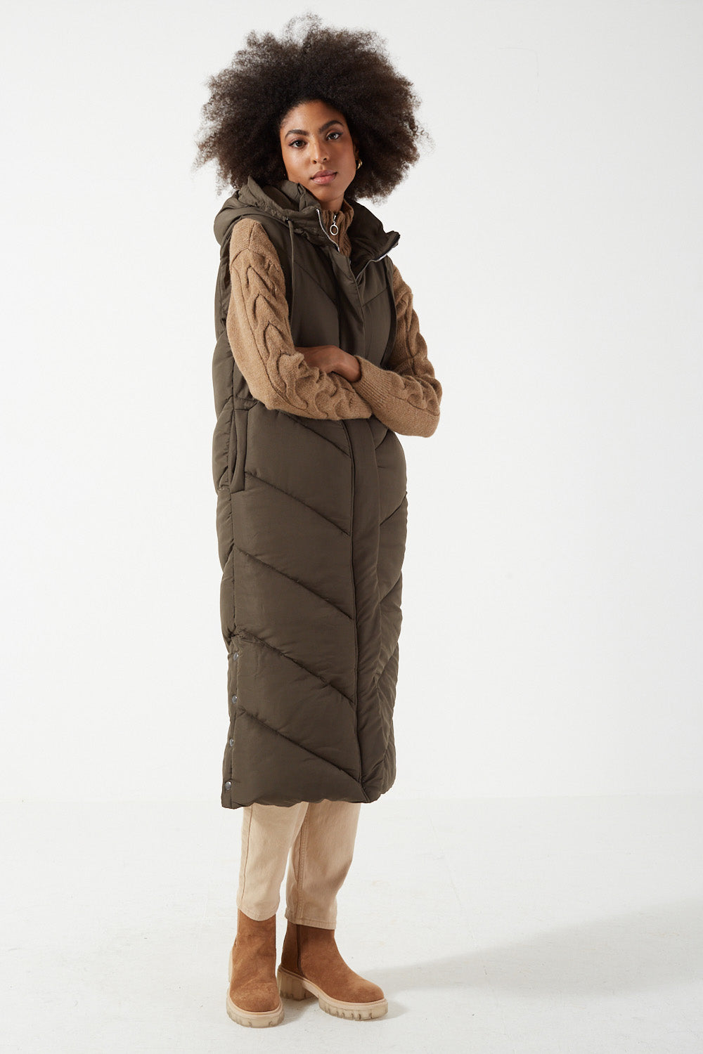 Ginnie Long Hooded Gilet in Khaki