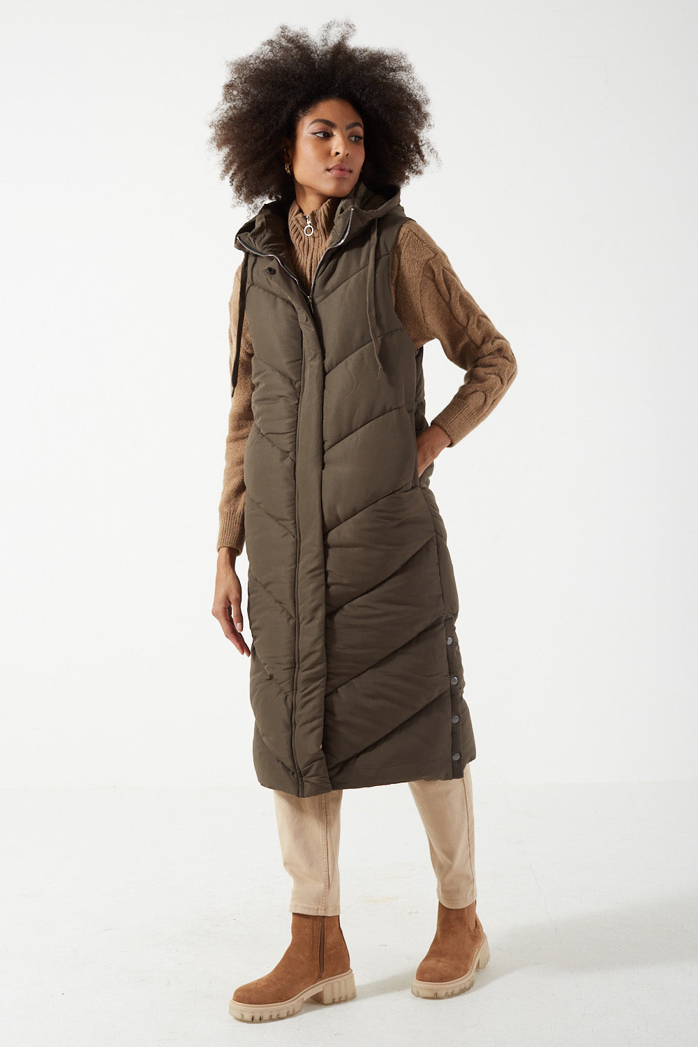 Ginnie Long Hooded Gilet in Khaki