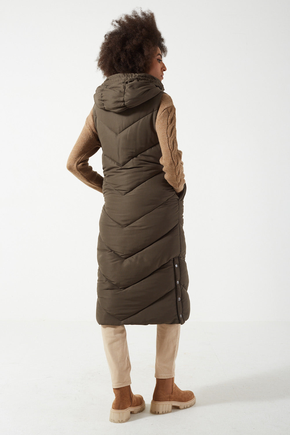 Ginnie Long Hooded Gilet in Khaki