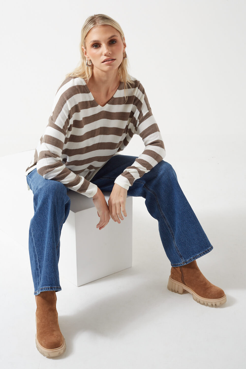 Amalia V-Neck Striped Jumper in Brown and White