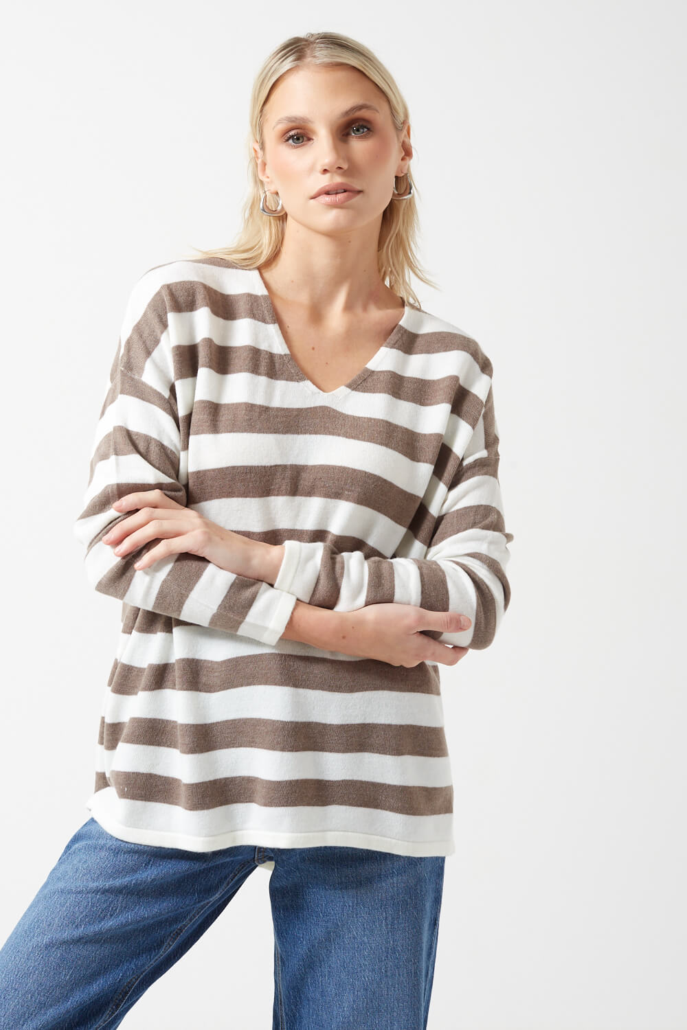 Amalia V-Neck Striped Jumper in Brown and White