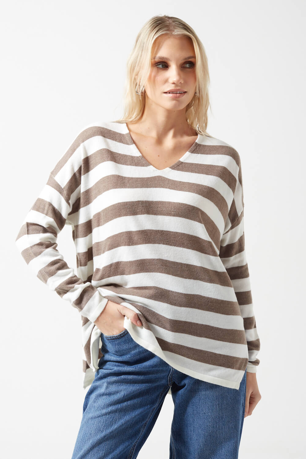 Amalia V-Neck Striped Jumper in Brown and White