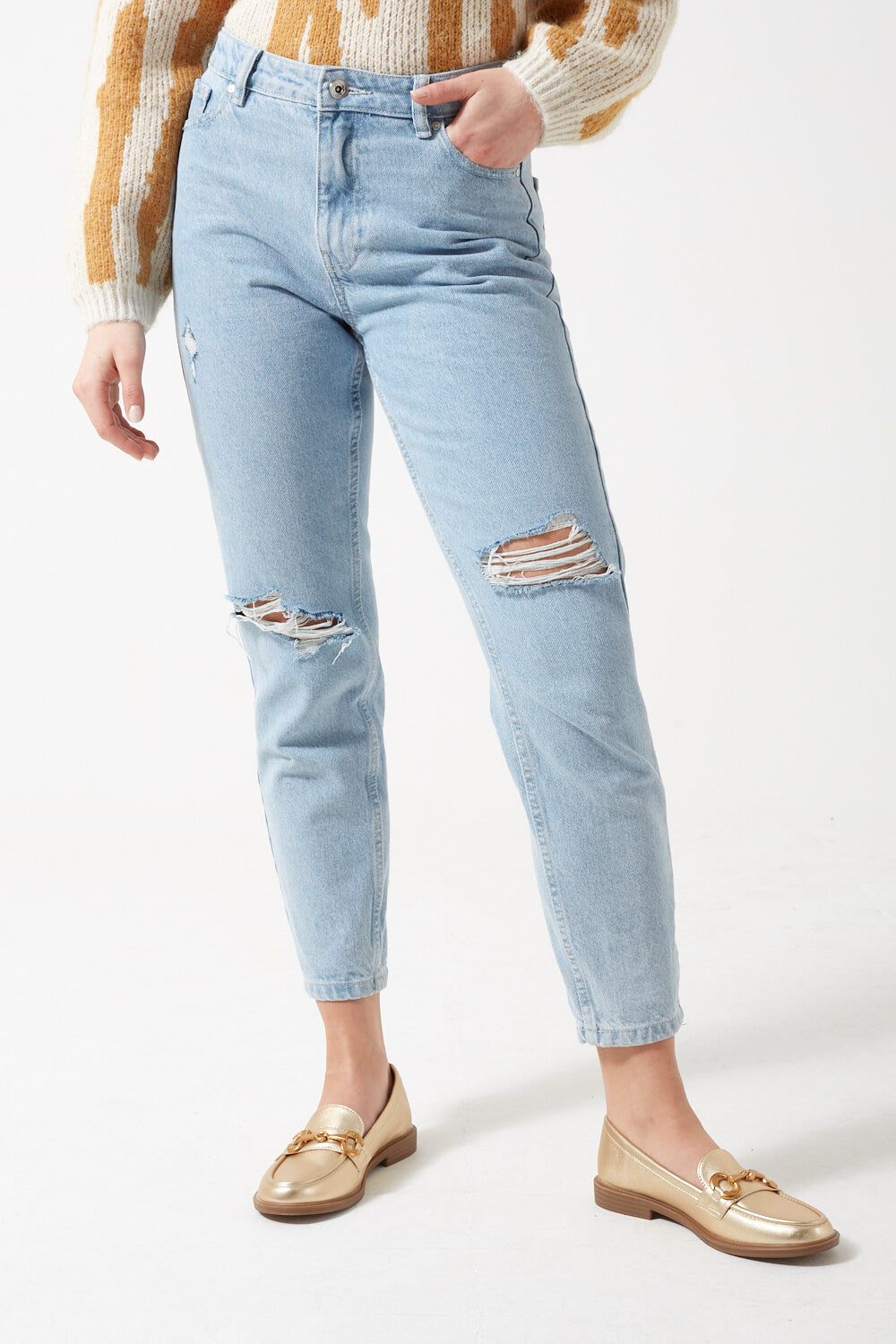 Jagger High Rise Distressed Mom Jeans in Light Blue Denim