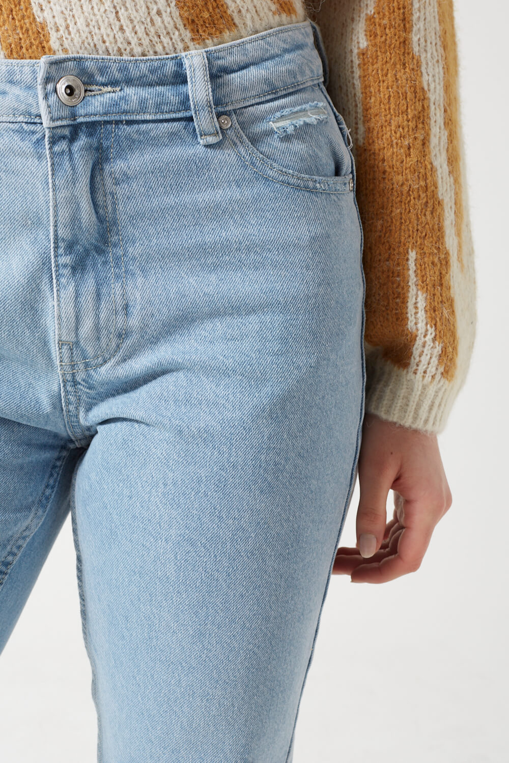 Jagger High Rise Distressed Mom Jeans in Light Blue Denim