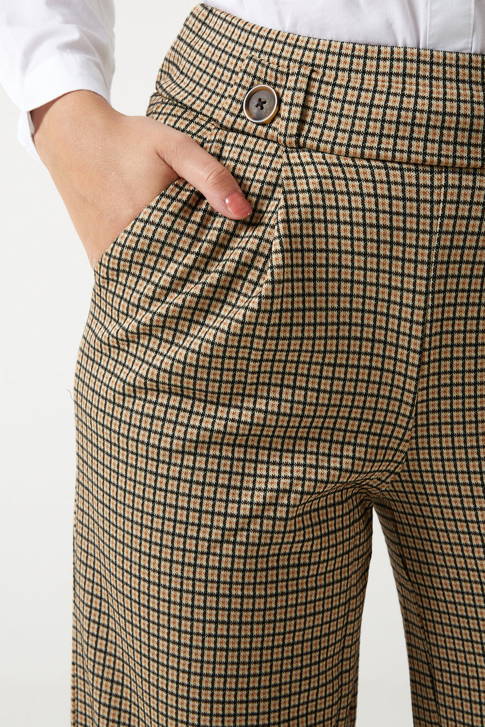 Geggo Mia Button High Waisted Checked Trousers in Beige