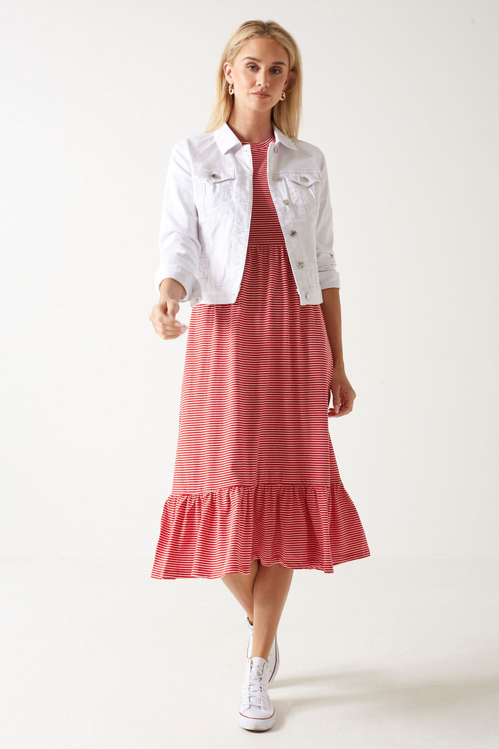 May S/S Peplum Calf Dress in Red Stripe