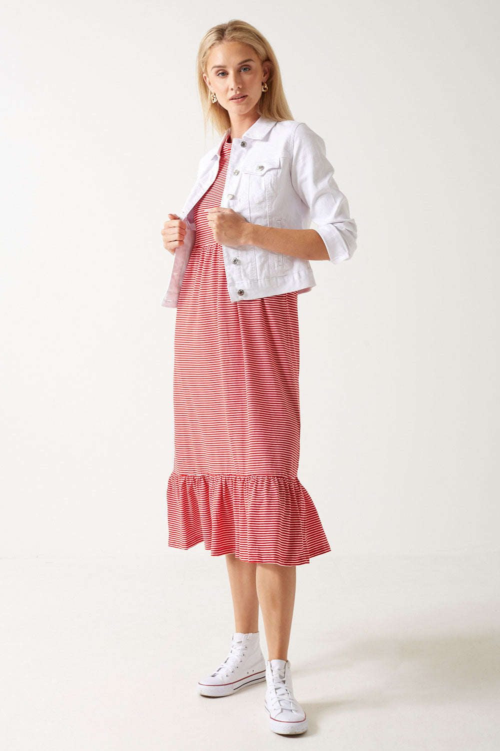 May S/S Peplum Calf Dress in Red Stripe