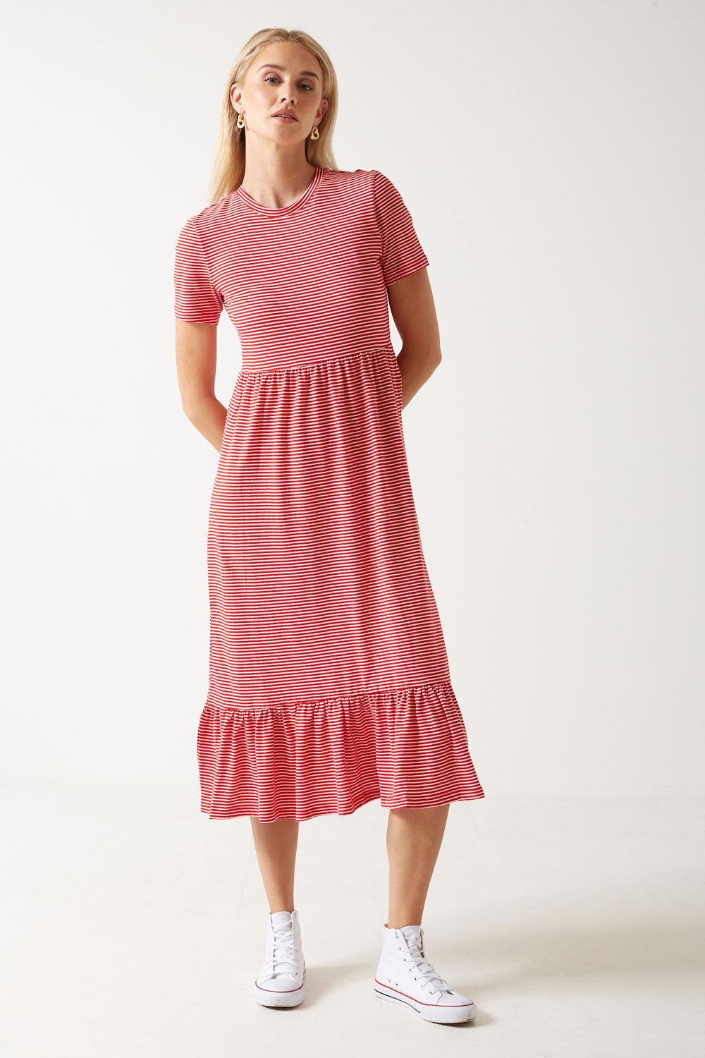 May S/S Peplum Calf Dress in Red Stripe