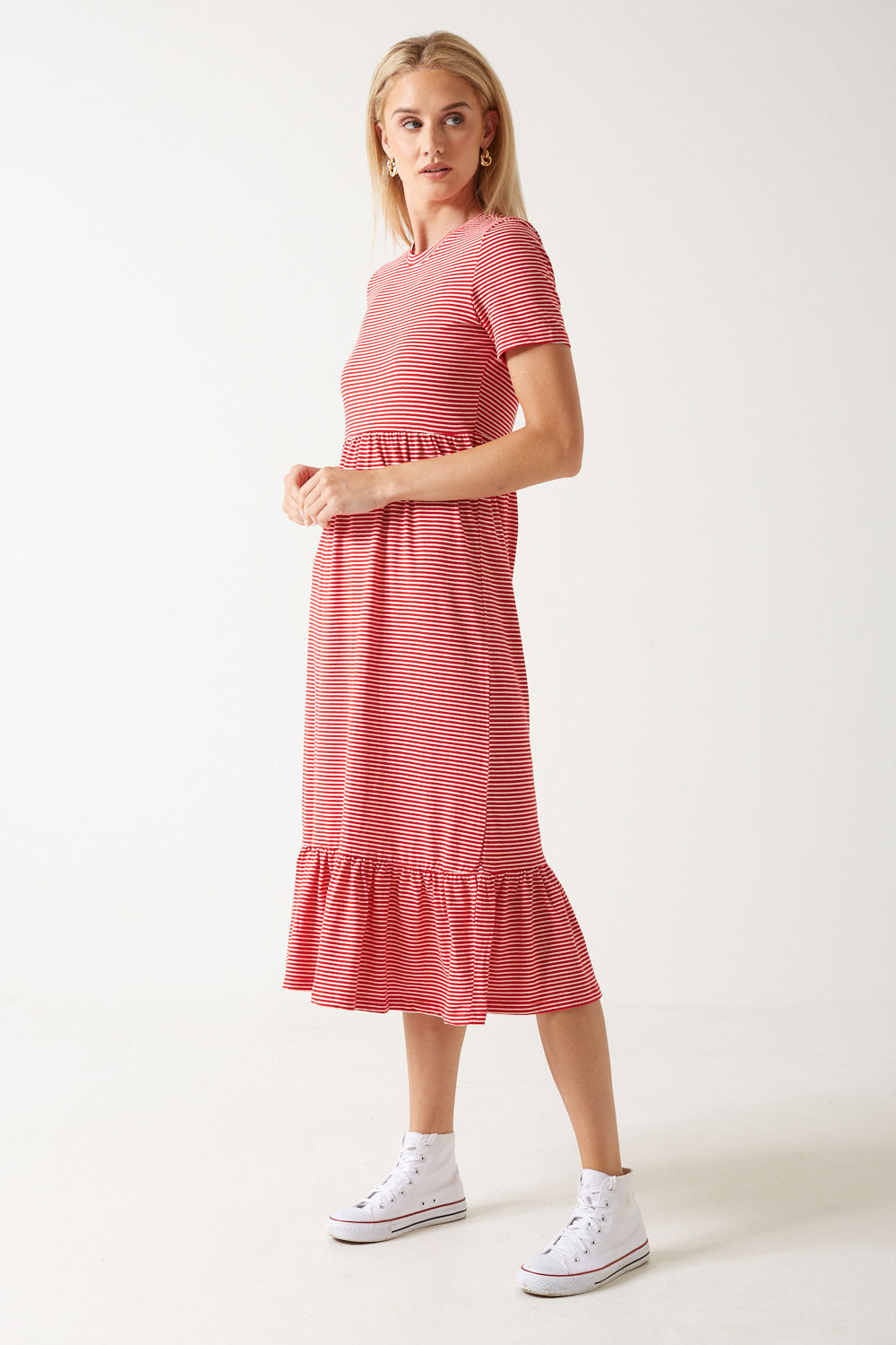 May S/S Peplum Calf Dress in Red Stripe