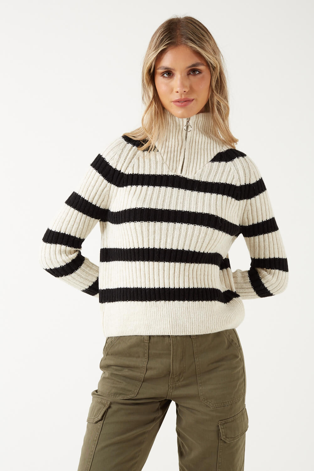 Leise High Neck Zip Jumper in Black Stripe