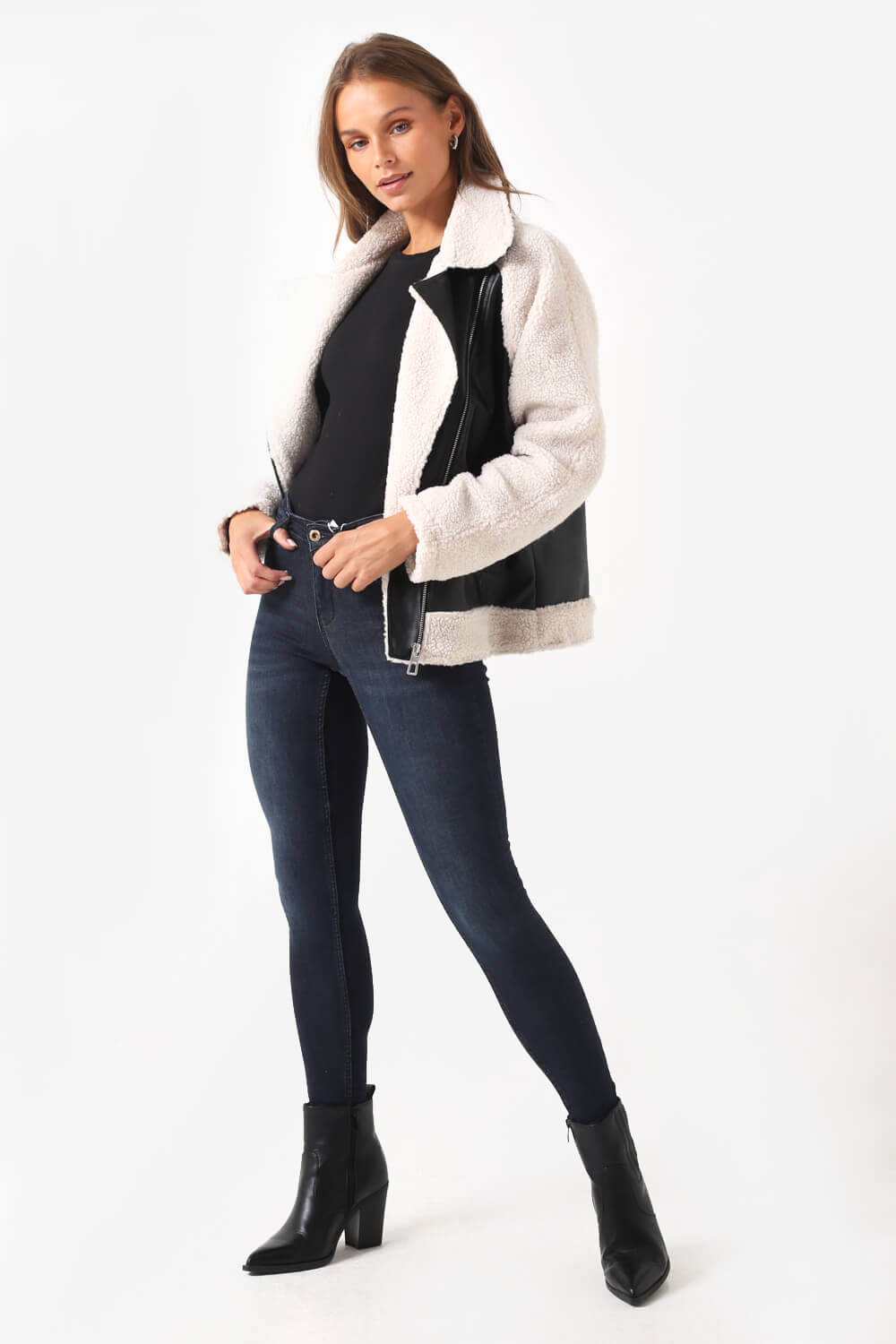 Juna Faux Leather Aviator Jacket Black