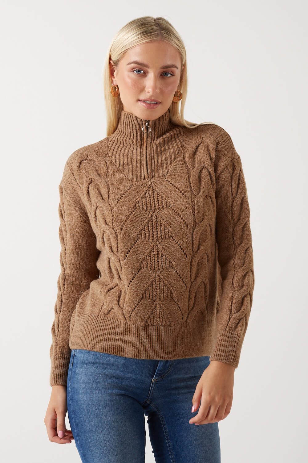 Leise Zip Highneck Knit Jumper in Taupe