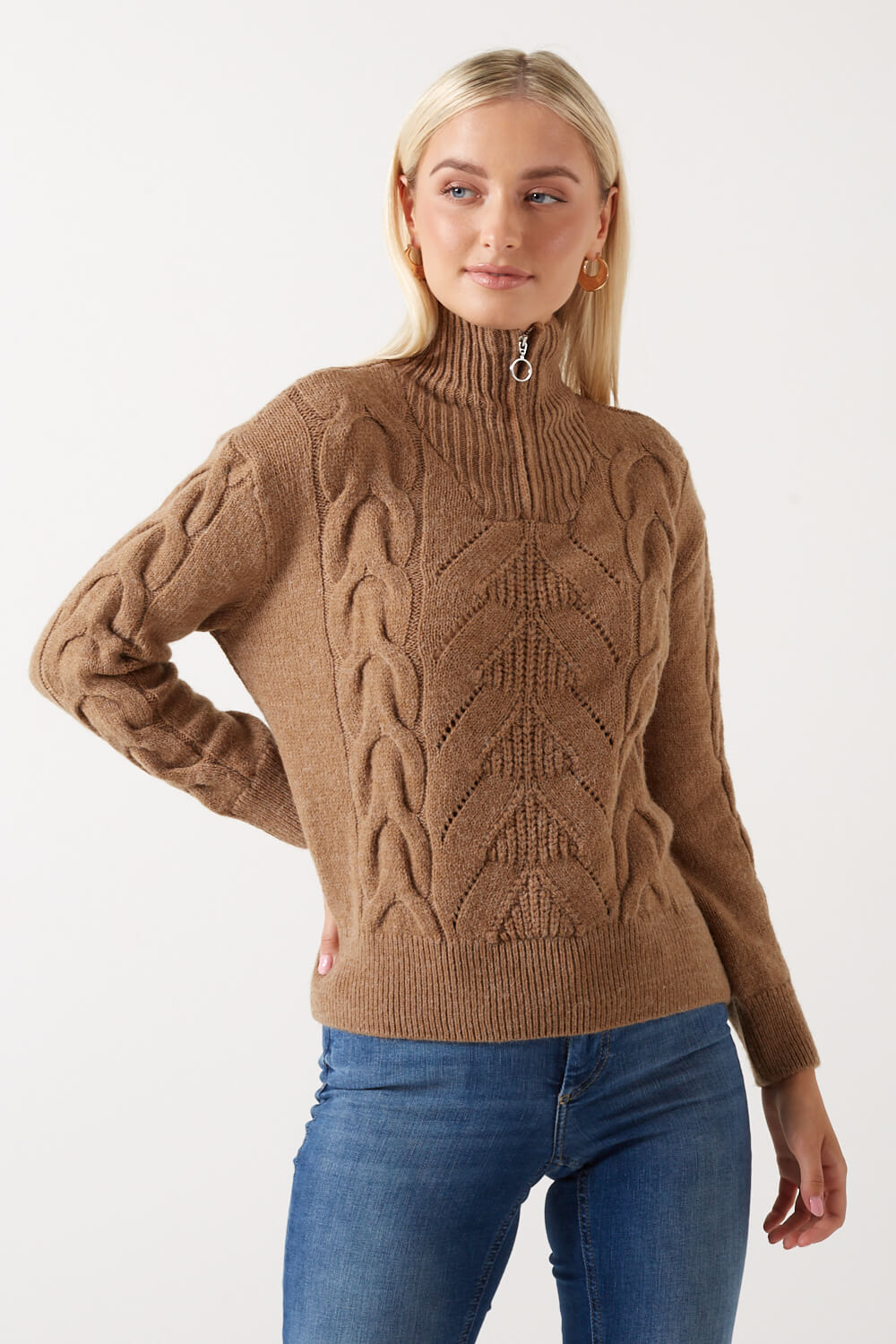 Leise Zip Highneck Knit Jumper in Taupe