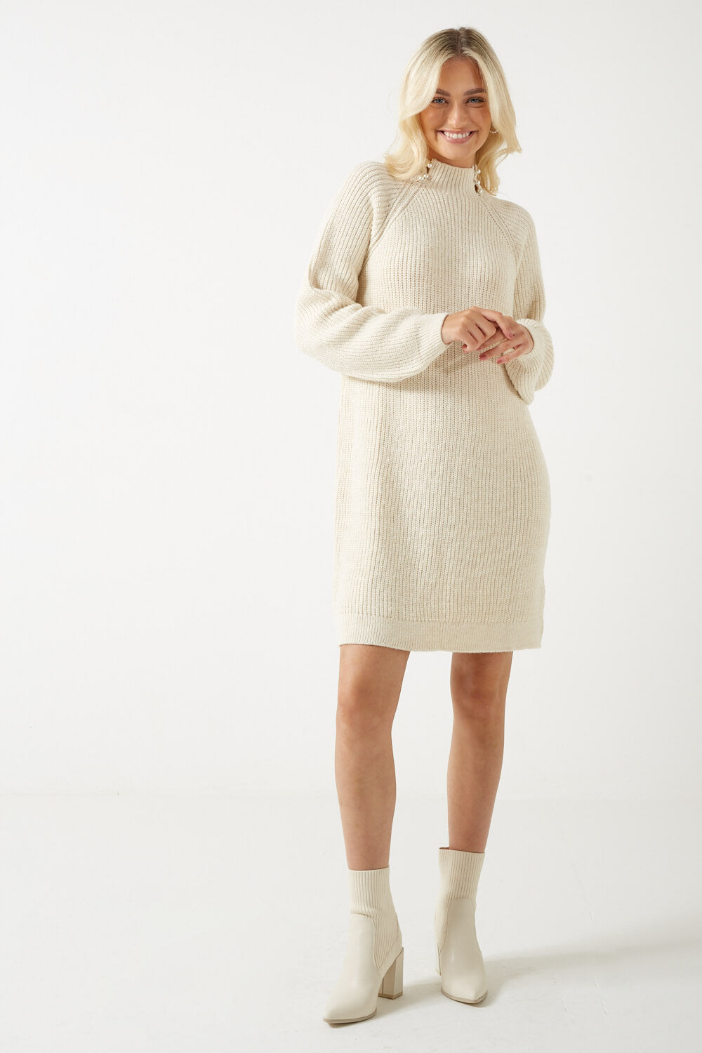 Joelle Pearl Buttons High Neck Knit Dress
