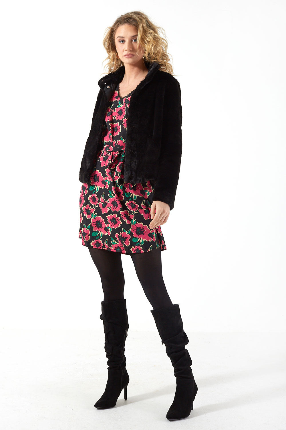 Caine L/S Short Pink Flowers Printed Dress in Black