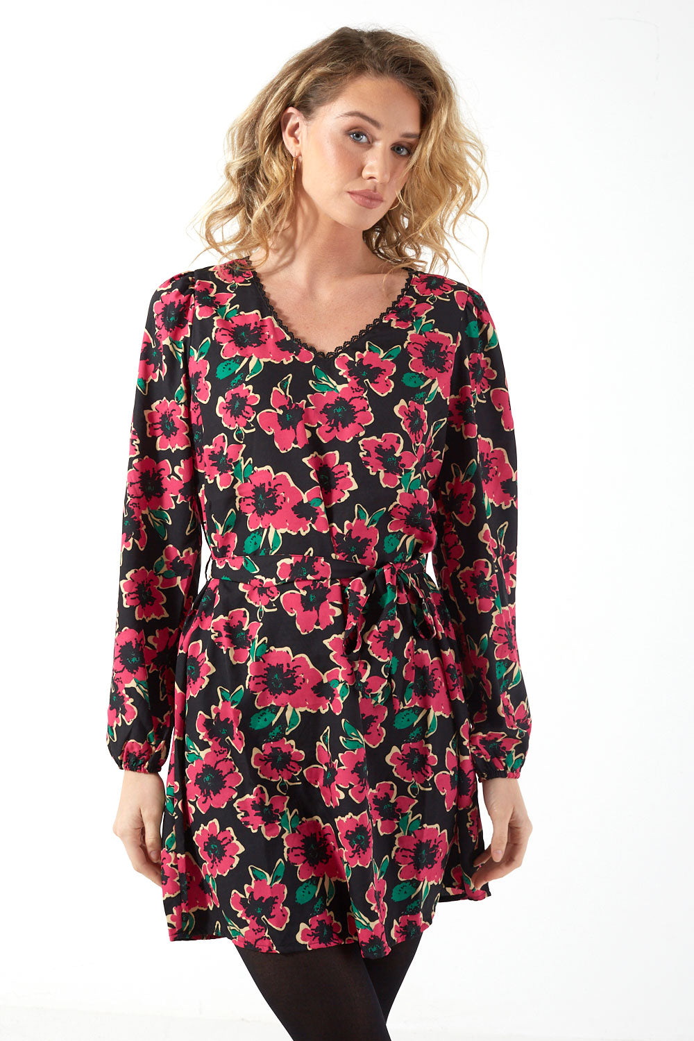 Caine L/S Short Pink Flowers Printed Dress in Black