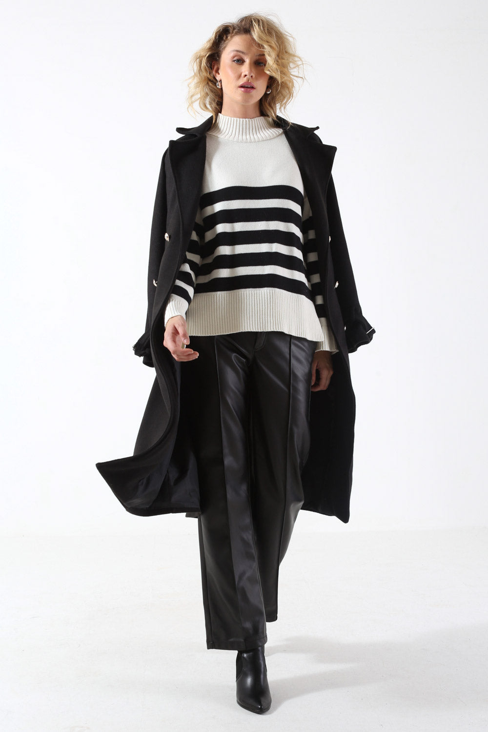 Saga LS Highneck Striped Knit Jumper in Cream