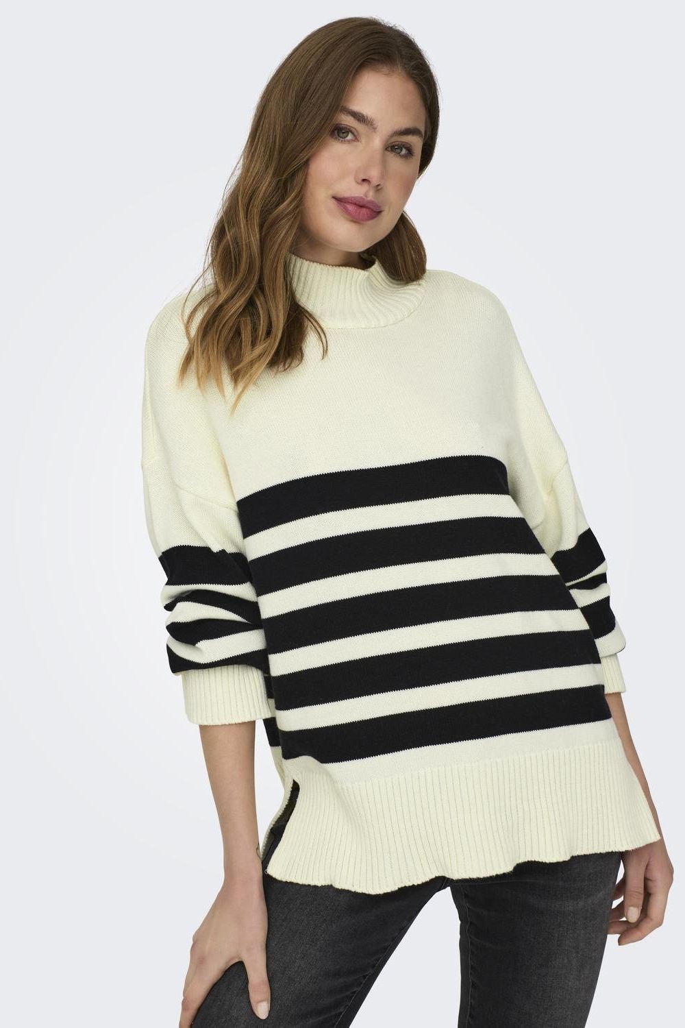 Saga LS Highneck Striped Knit Jumper in Cream