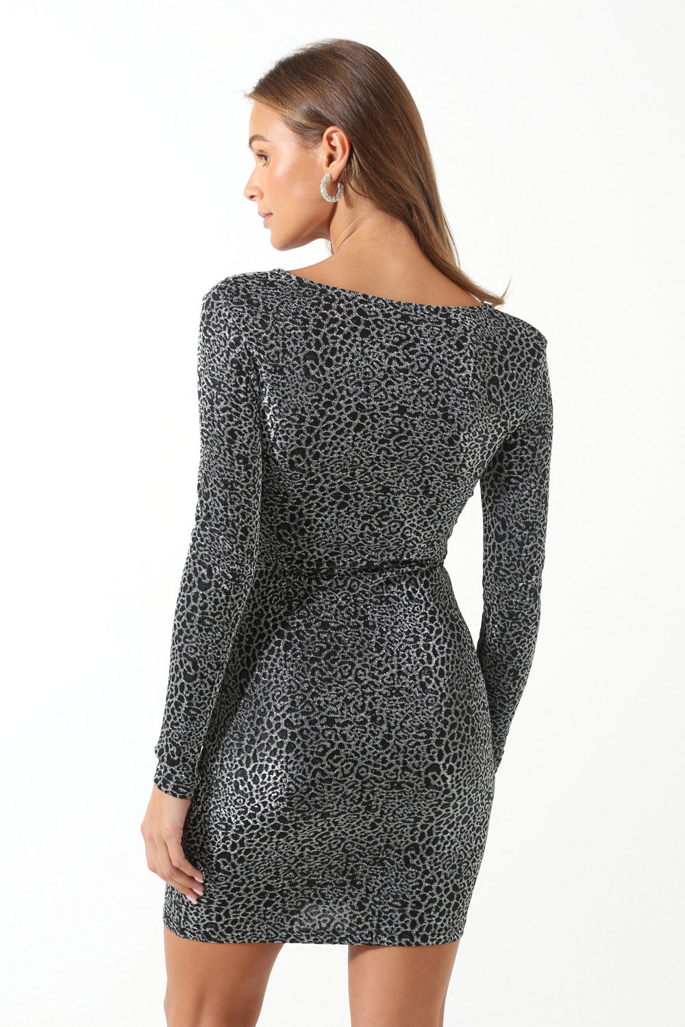 Queen L/S V-Neck Glitter Leopard Print Dress in Silver