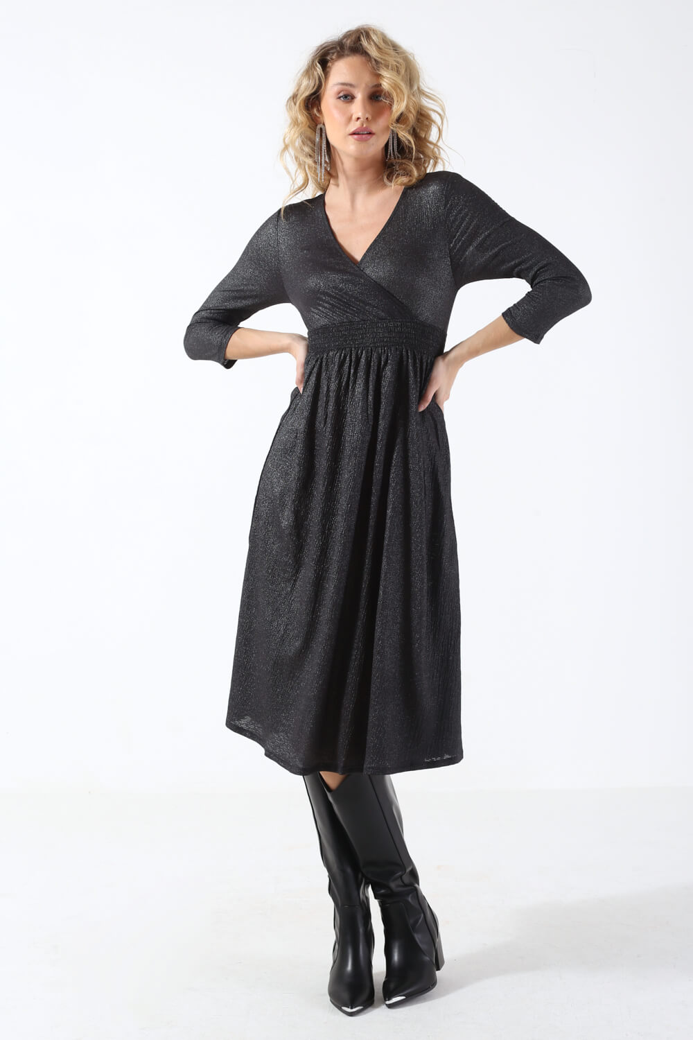 New Pella L/S Foil Wrap Dress in Dark Grey and Silver